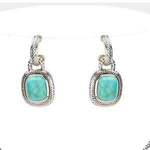 14K Gold Plated Two Tone Rectangle Natural Stone Cluster Pendant Earrings